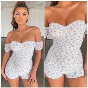 Tiger Mist | Freesia Playsuit | Mesh White & Blue Print Ruched | Size Large